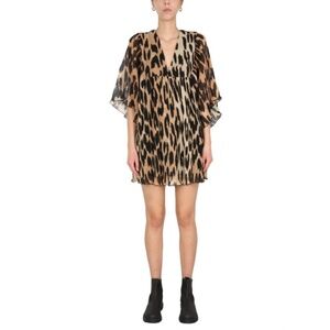 GANNI pleated georgette oversized mini dress in maxi leopard Small